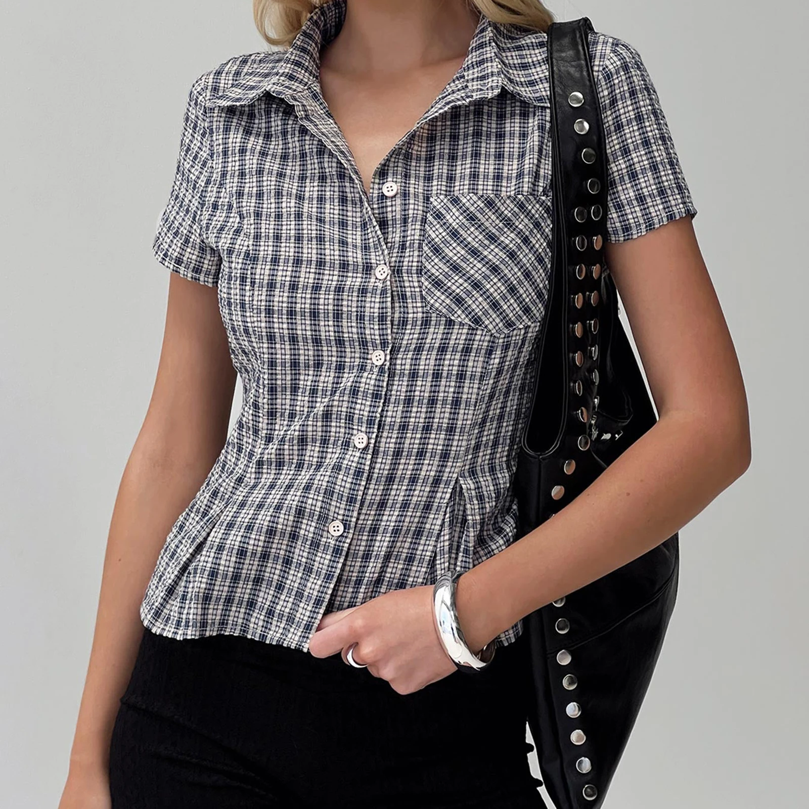 

Women Retro Y2k Button Down Shirts Cap Sleeve Slim Fit Coquette Tops 90s Vintage Aesthetic Going Out Preppy Eleagnt Blouses