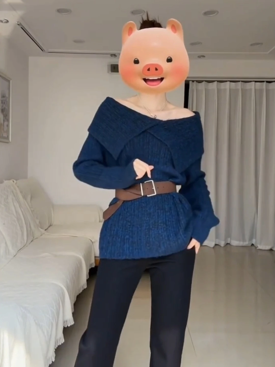 Pull tricoté bleu doux à une épaule pour femme, haut Long à col rabattu, décontracté et confortable, automne-hiver