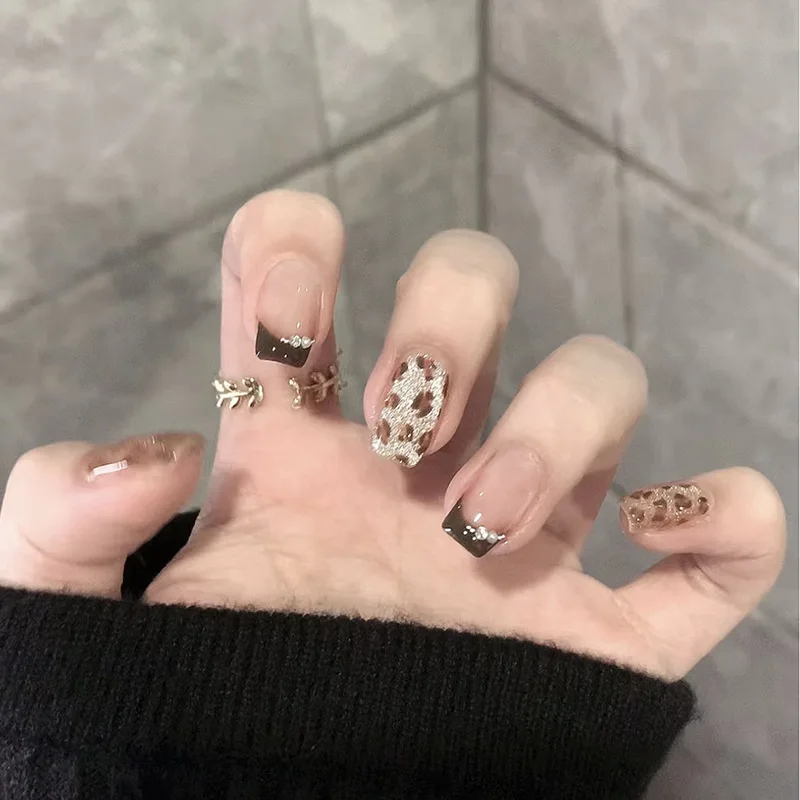 24 pçs cabeça quadrada de comprimento médio capa completa unhas dicas leopardo impressão francês unhas falsas pó brilhante destacável imprensa em unhas falsas