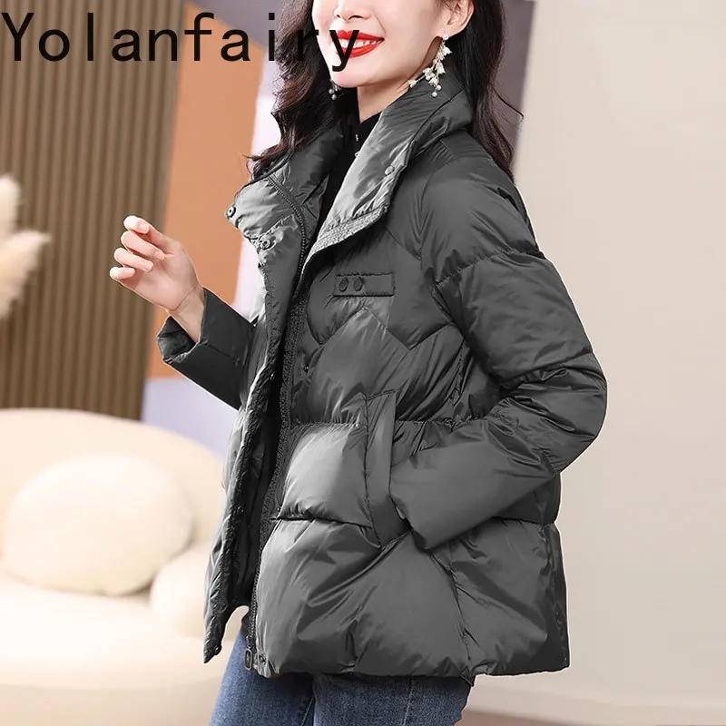 YOLANFAIRY الراقية 90% الأبيض أوزة أسفل السترات امرأة الشتاء الوقوف طوق الدافئة سترة منفوخة قصيرة الدافئة أسفل معاطف النساء 2025