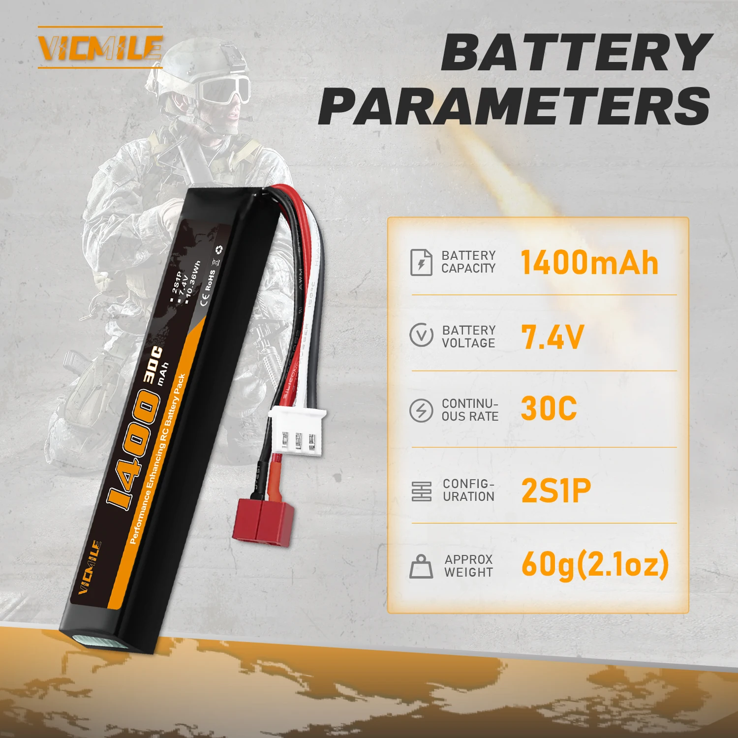 Baterai Airsoft VICMILE 7.4V 1400mAh ipo dengan Deans T Plug 30C Tingkat Pengosongan Tinggi 2S Baterai Lipo untuk Model Senjata Airsoft.