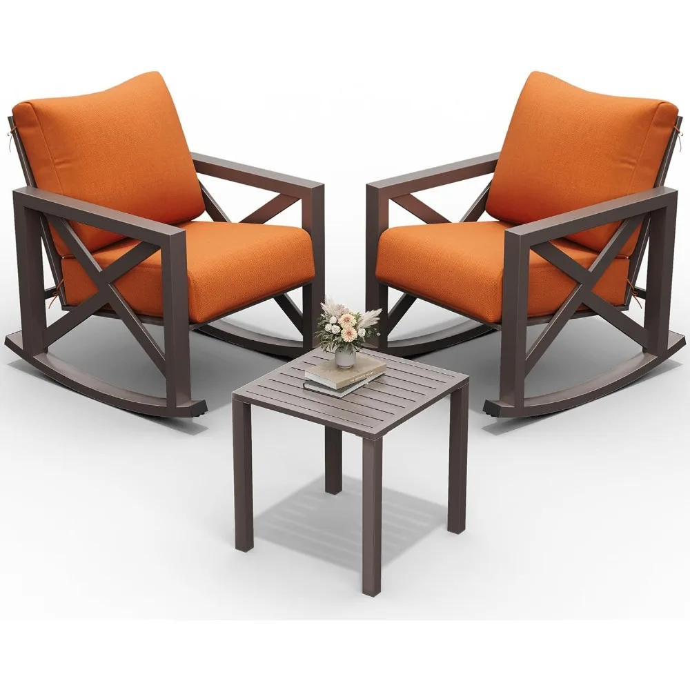 

Rocking Chair Outdoor Set 2 with Coffee Table, 3 Piece Metal Rocking Bistro Set with 6.5" Water-Resistant Cushions, Oversized,