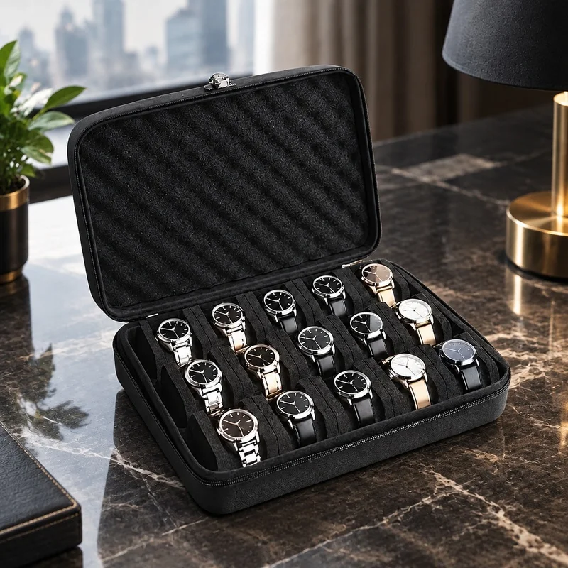 Durable Travel and Home Watch Storage Box with 15 Slots and Impact-Resistant Build