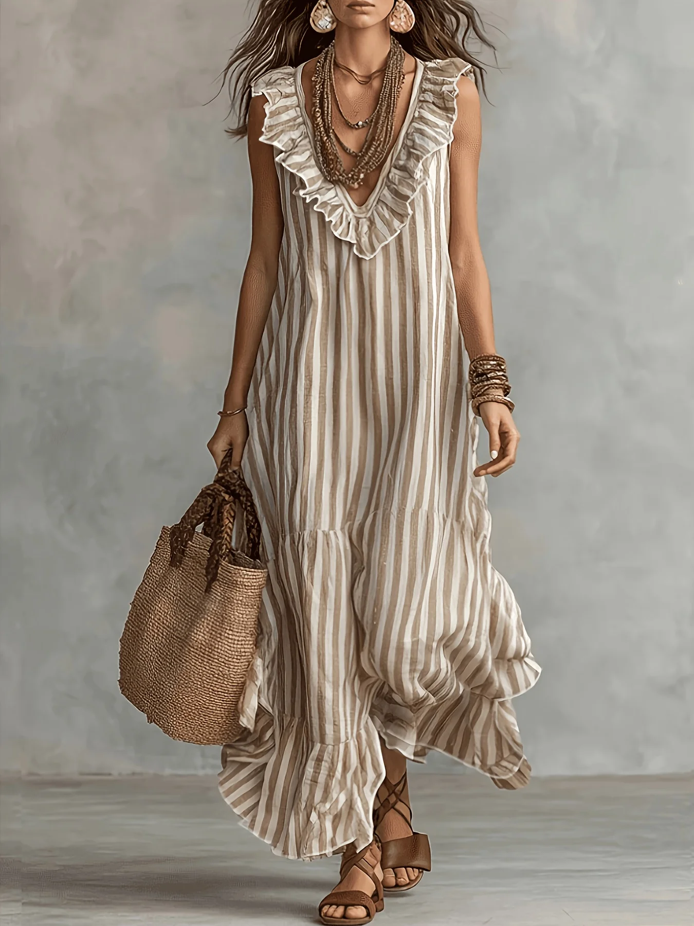 `Women Bohemian Vacation Maxi Dress,Khaki White Vertical Stripe Sleeveless V‑Neck Ruffle Dress,Back Tie‑Up Tiered Flowy Ruffle H