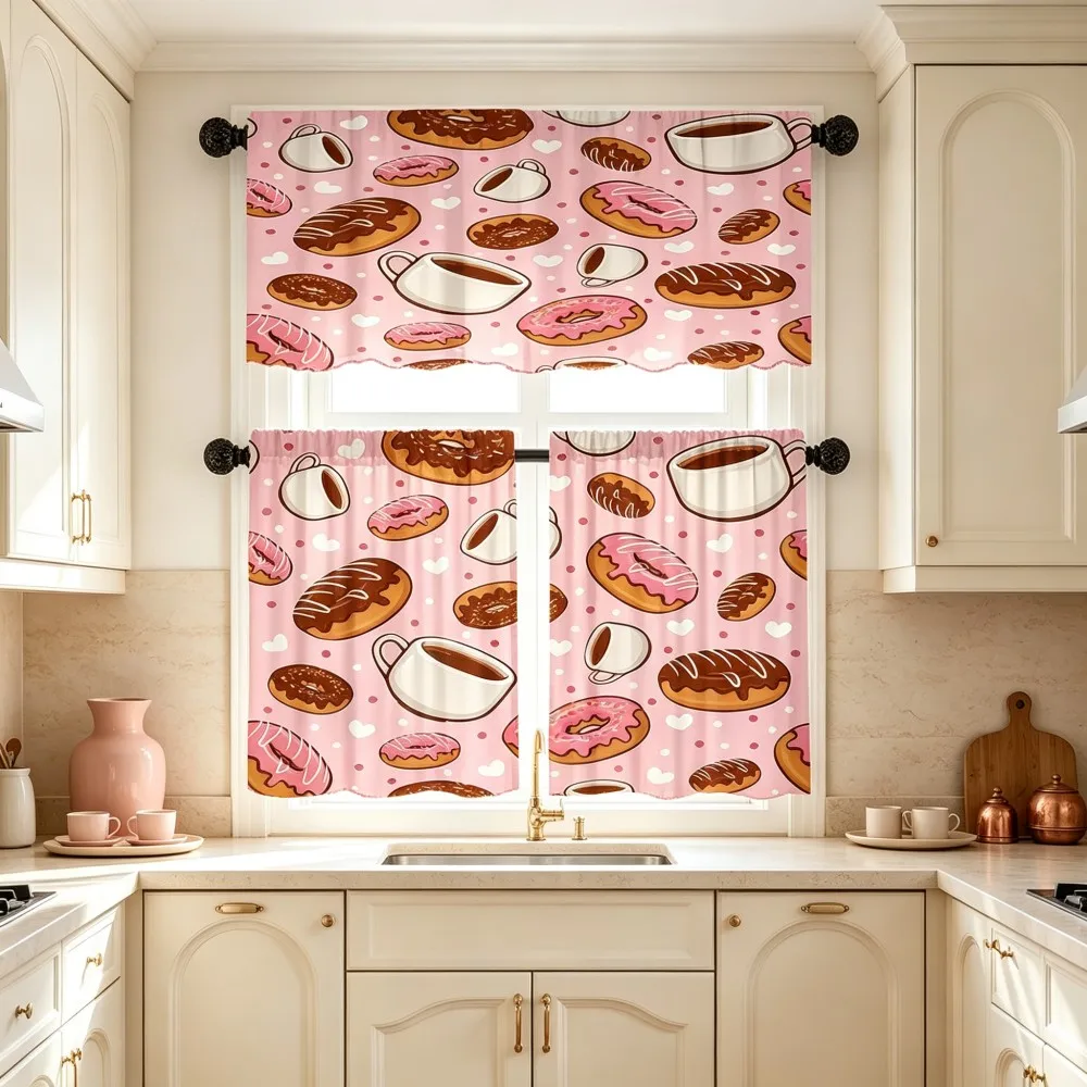 Cartoon Kitchen Curtains, Pink Donut Coffee Cup Heart, Digital Print, Kitchen Dining Room, Rod Pocket Polyester, Home Decor