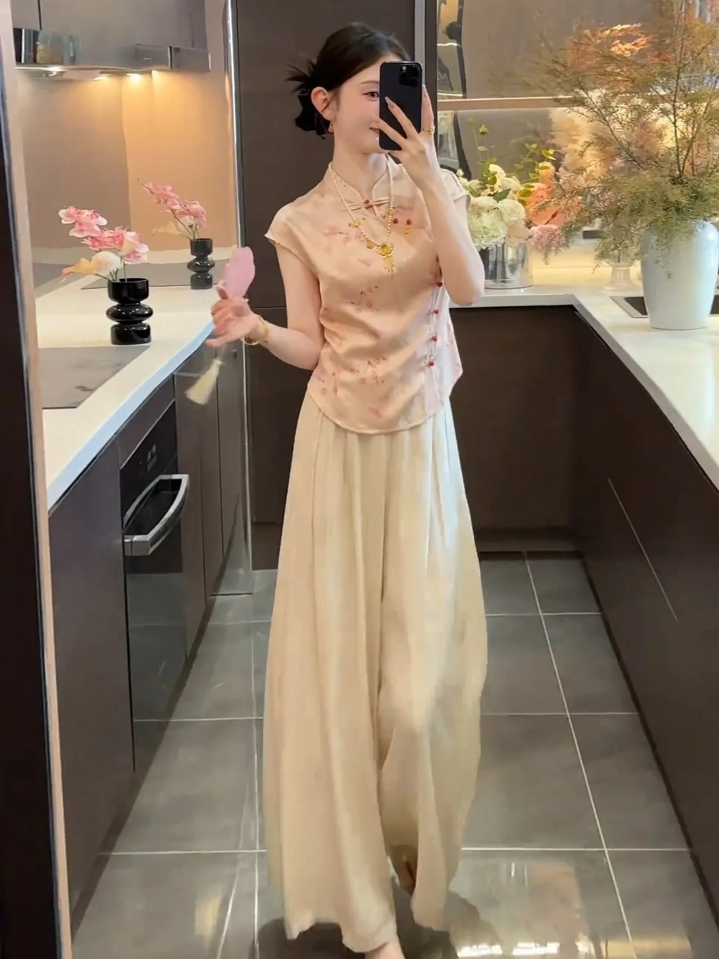 

New Chinese Zen Style Fashion Set Women's Summer Popular High End National Style Short Sleeve Wide Leg Pants Two Piece Set