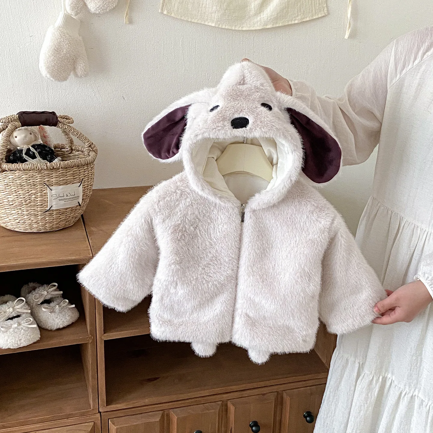 Toddler Kids 3D Rabbit Ear Hooded Jacket Boys Girls Fuzzy Plush Zip‑Up Coat Thick Warm Winter Cute Animal Outerwear