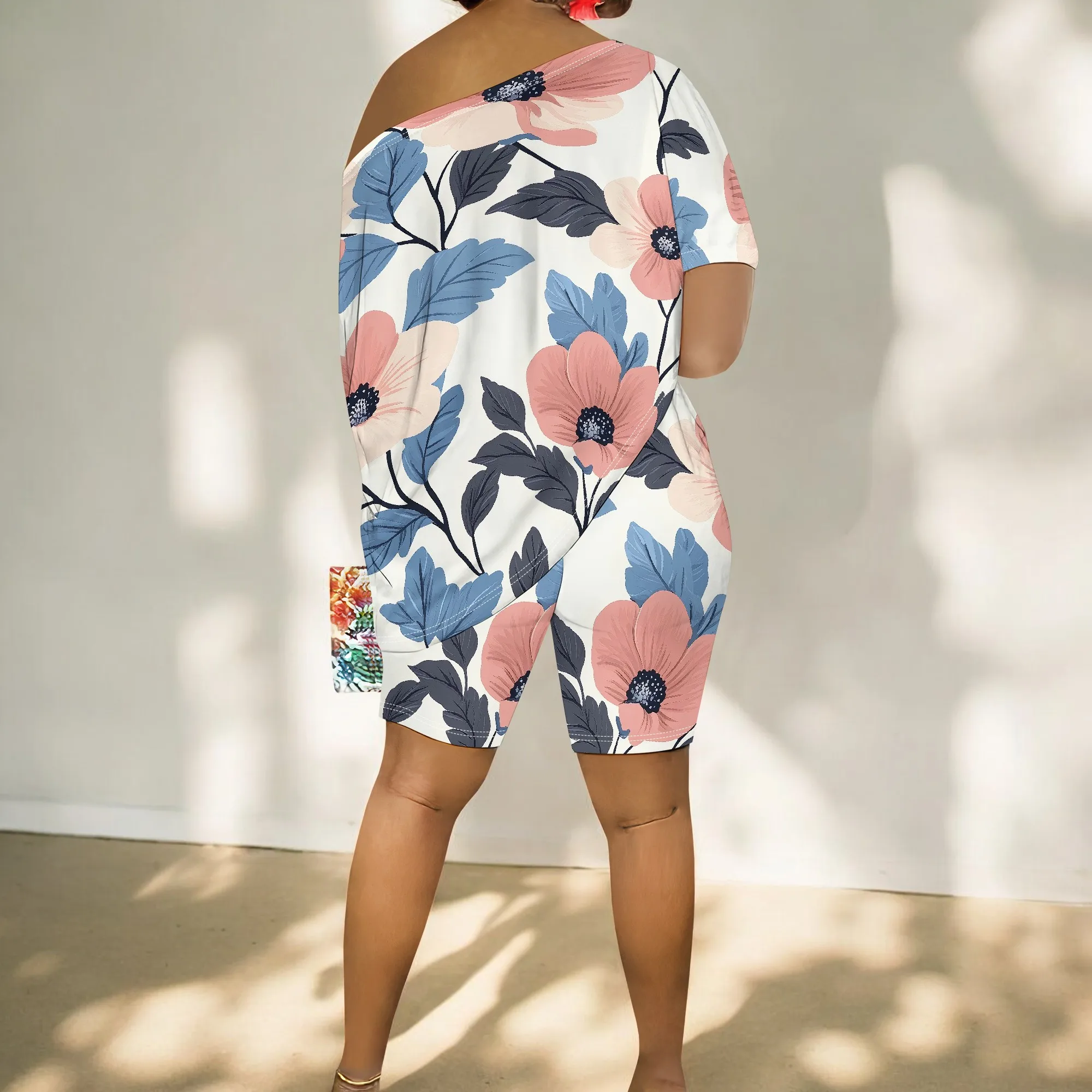 Women's Casual Off One Shoulder 2 Piece Jogger Sweatsuit Tracksuit Sets Loose Irregular Pullover Tops Shorts Floral Print