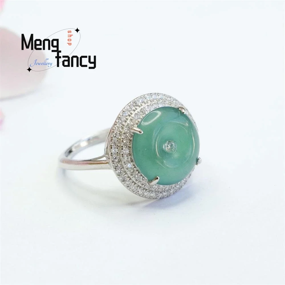 S925 Silver Lnlaid Natural Jadeite Ice Blue Horizontal Ann Buckle Ring Exquisite Elegant Charm High-grade Luxury Quality Jewelry