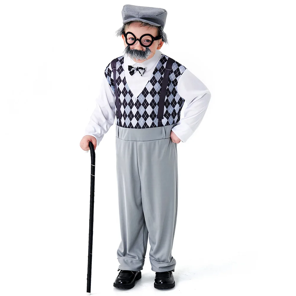 Child Cos Old Man Centenarian Role-play Costume for Kids Boys Halloween Party Suit Grandpa Vest Hat Tie Mustache Performance