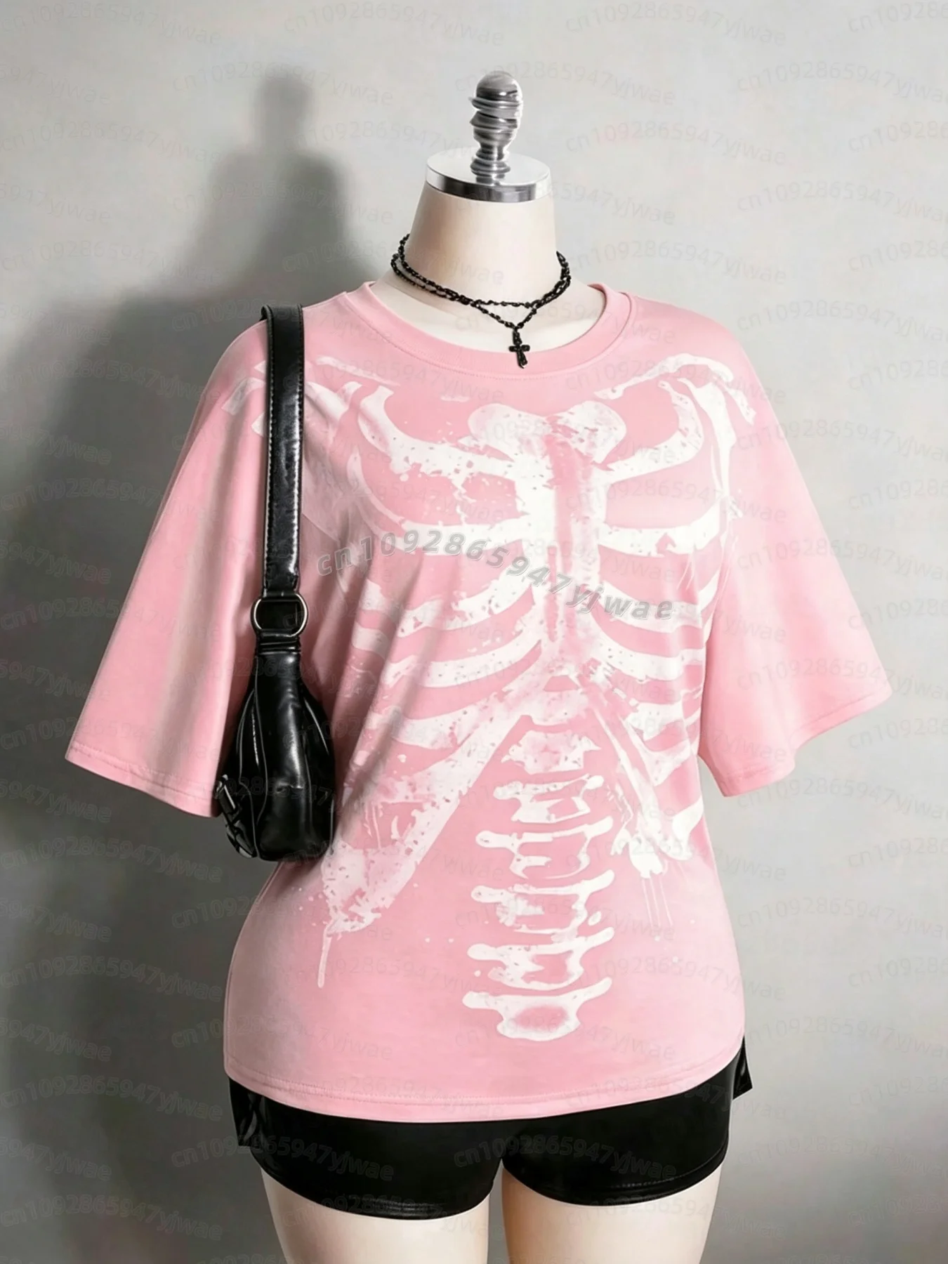 2026 Damen Halloween Skelett Brustkorbe Grafik T-Shirt Y2k Alt Goth Punk Distressed Totenkopf Knochen Print Kurzarm Damen T-Shirt – Detail 6