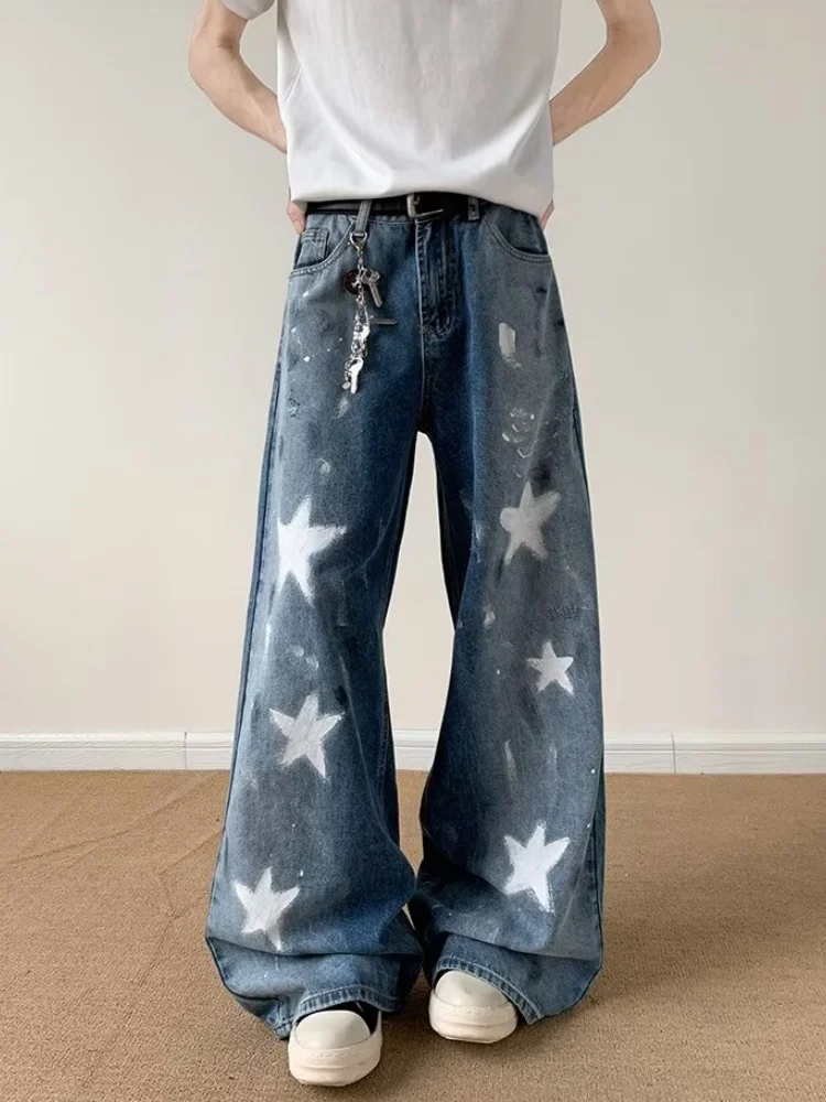 2025 Ropa Y2K Streetwear Stern Gedruckt Gewaschen Blau Baggy Jeans Hosen Für Männer Kleidung Breite Bein Vintage Denim Hosen Moda Hombre – Detail 6
