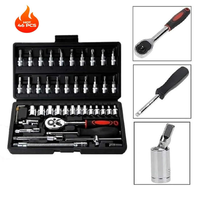 

46Piece 1/4" Ratchet Wrench Socket Set With Bit Socket Set (Metric) And Extension Rod For Auto Repair And Home Maintenance Tools