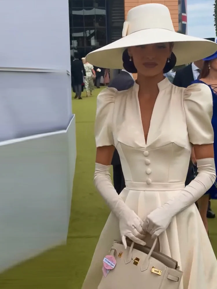 Tief Ausgeschnittenes Tailliertes Langes Kleid mit Weitem Rock für Damen Sexy Puffärmel Einfarbiges Schlankes Abendkleid Charmante Damenkleider – Detail 22