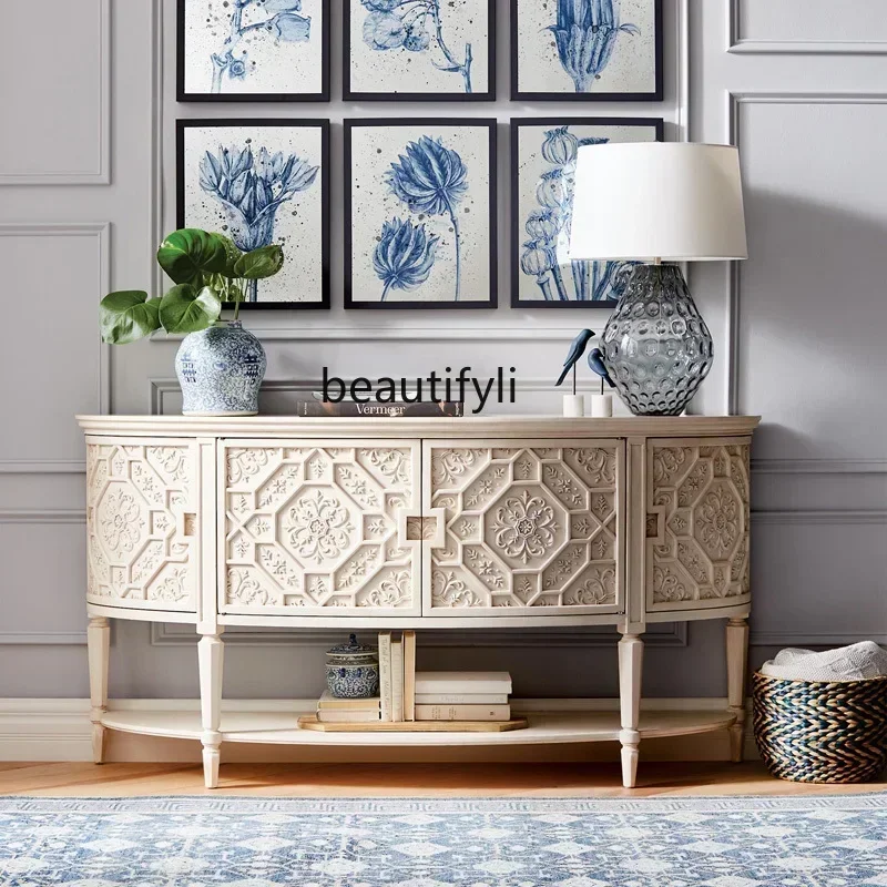 

A076 45American foyer entrance cabinet solid wood carving flower semi-circular dining side cabinet against the wall wine cabinet