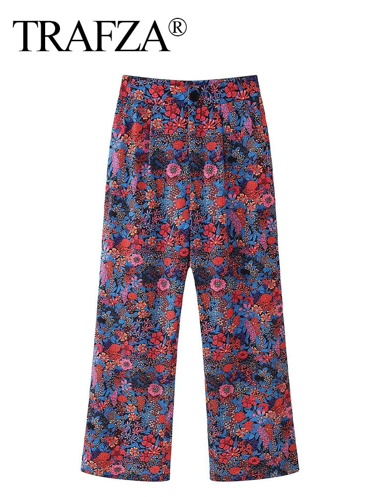 

TRAFZA Woman Casual Chic Zipper Button Loose High Waist Wide Leg Pants Women Elegant Vintage Printed Slim Long Pant Streetwear