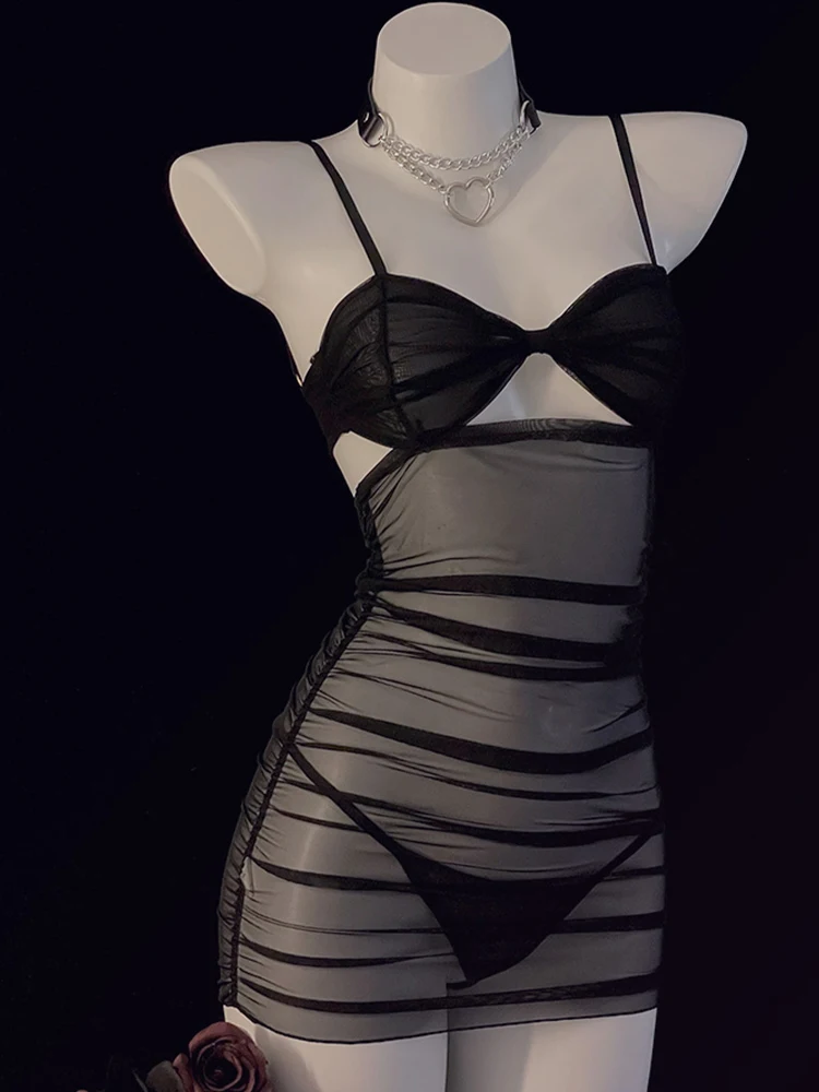 

Women's Black Nightdress Sexy Mini Lingerie Nightwear Bath Robe Gown Perspective Hollow Out Nightgown Home Dress Clothing Summer