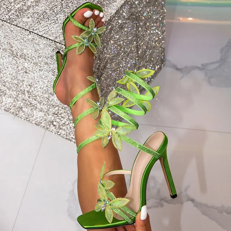 Kristall-Schmetterlings-Sandalen, sexy, gewickelte Schnür-Absatzschuhe, Gladiator-Sandalen, Sommer-Party- und Abschlussballschuhe