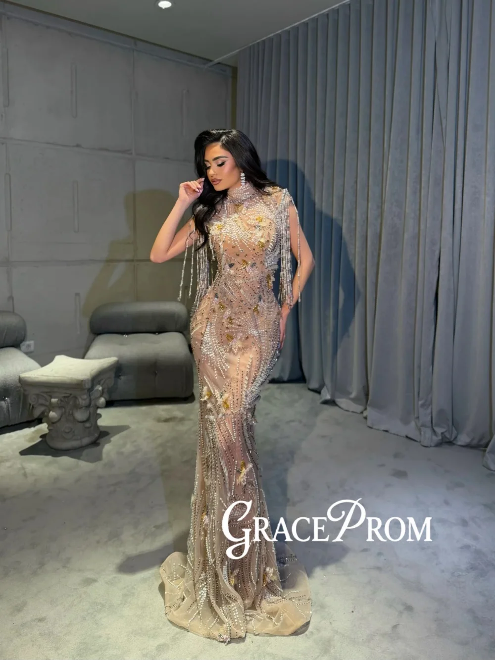 

Colorful Beaded Tassel Evening Dress Exquisite Illusion Mermaid Long Wedding Party Gown Customized Glamorous Red Carpet Gowns