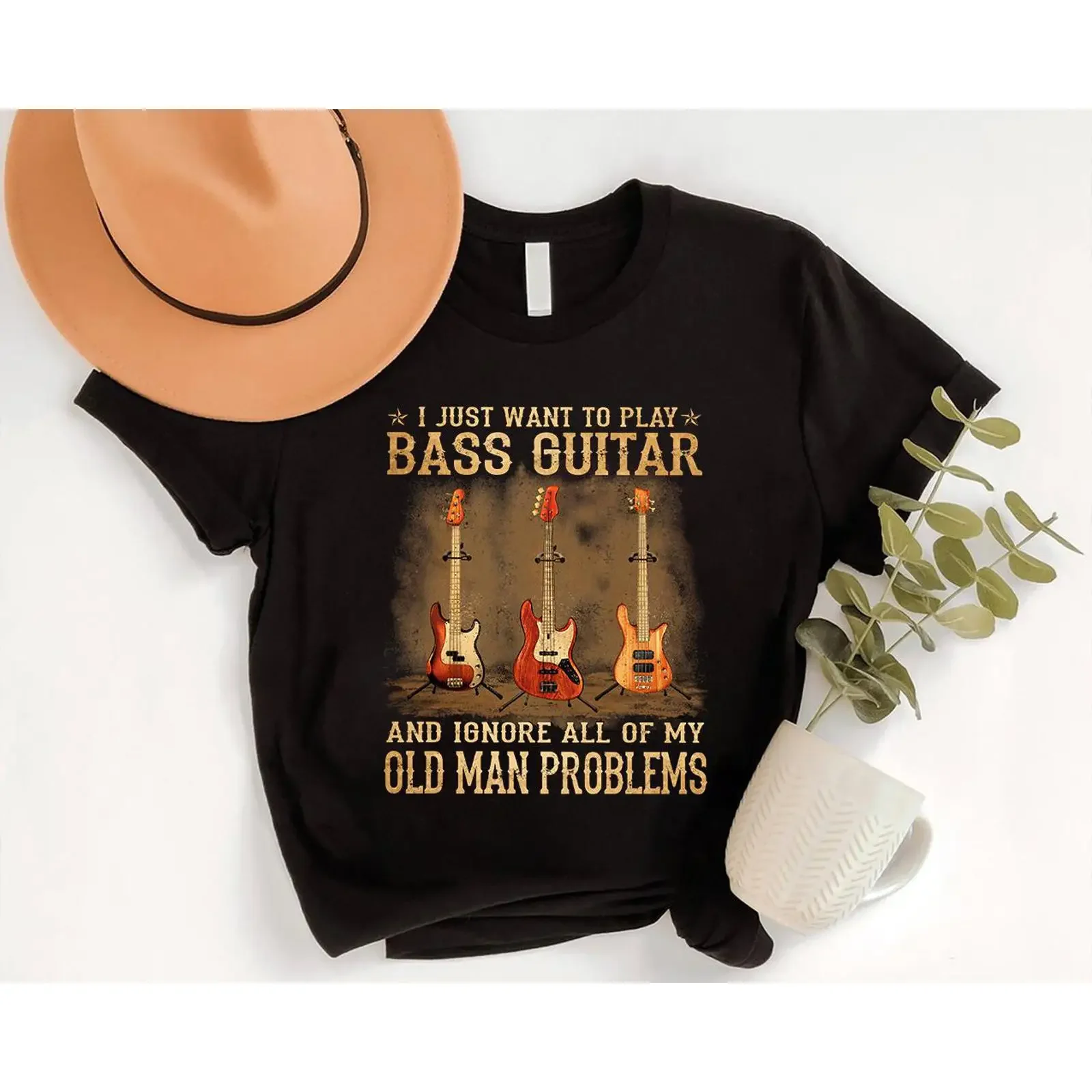 I Just Want To Play Bass Guitar Ignore Old Man Problems Funny T Shirt Player Musician Casual vintage Washed Breathable
