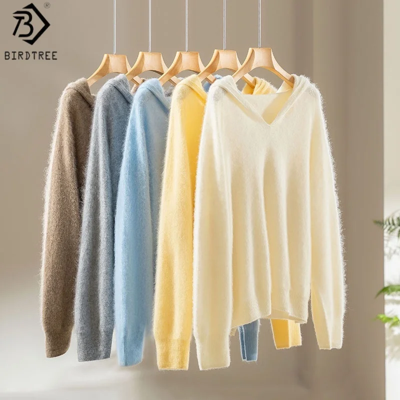 

Birdtree 96,5% овечьей шерсти 3,5% кашемировый вязаный свитер с капюшоном, женская пушистая толстовка с длинными рукавами, осенний пуловер, топ T59811JF