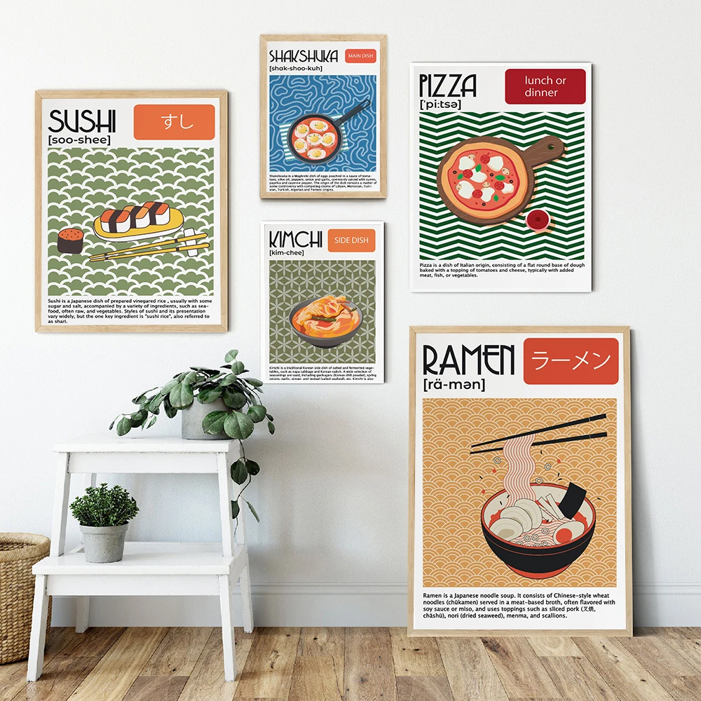 Ramen Japanese Sushi Biryani Shakshuka Food Wall Art Canvas Painting Nordic Posters Retro Kitchen Restaurant Wall Decor Picture