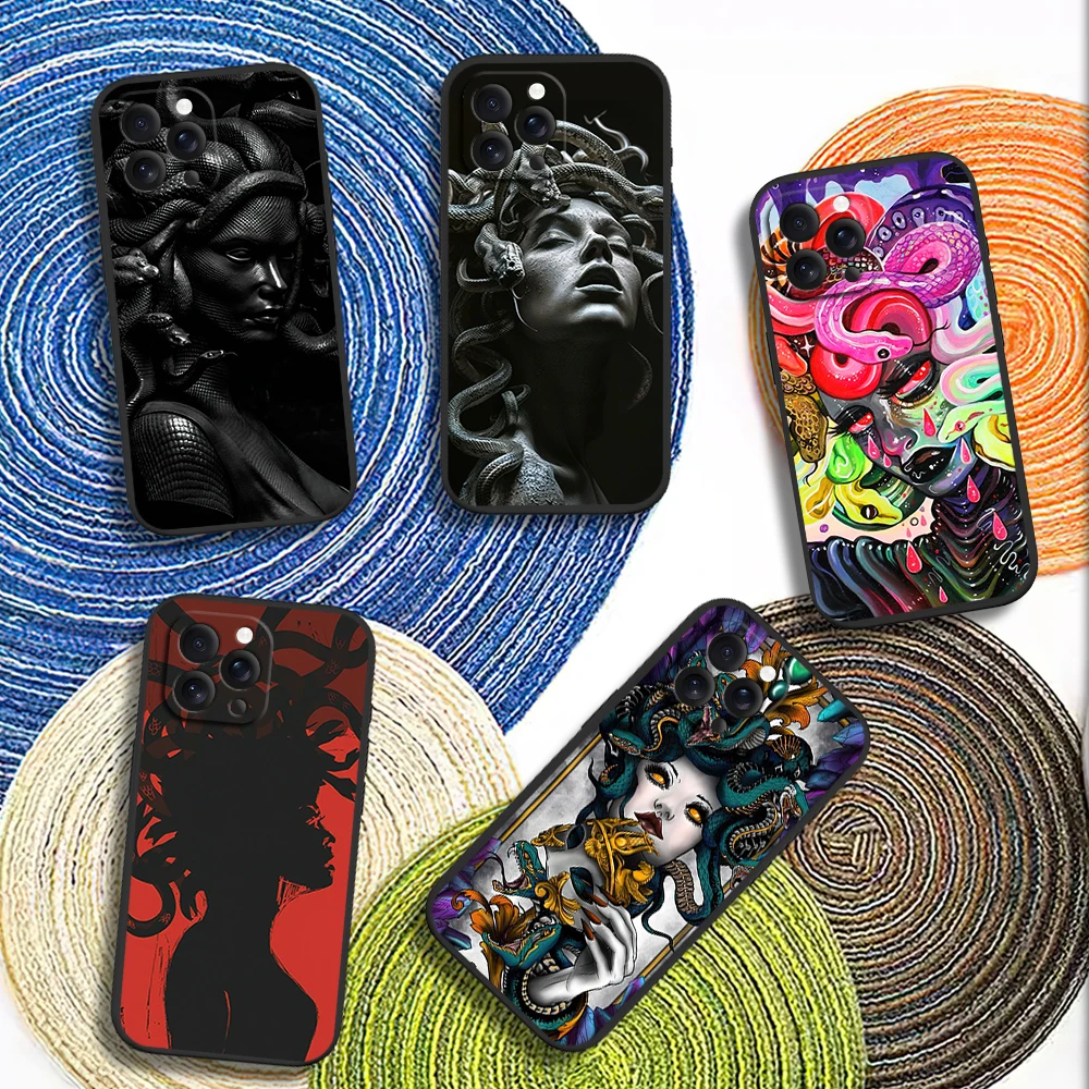 Ancient Greek Medusa Art Mythology Phone Case for iPhone 12 11 14 15 13 16 Max Plus Pro Black Soft Silicone Cover