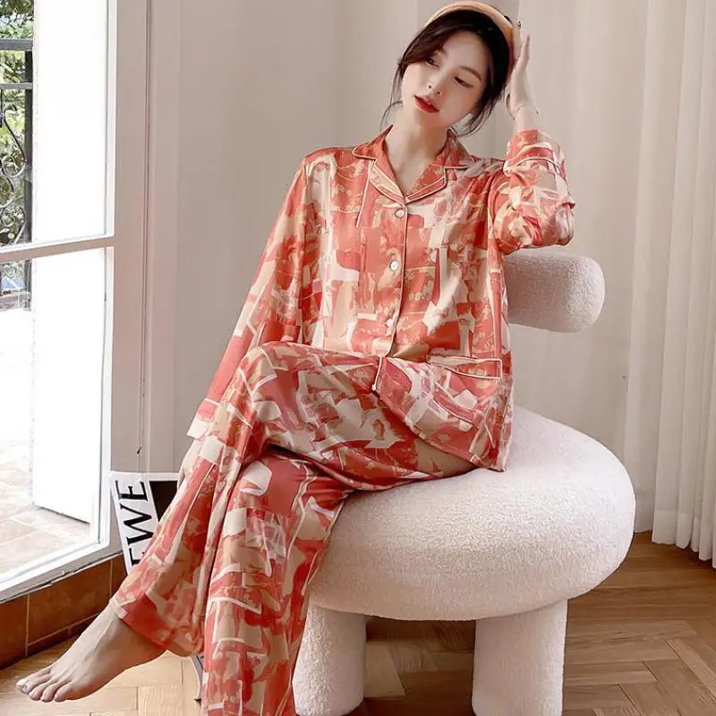 

Pajamas Suit With Buttons Women Satin Nightwear Two Pieces Shirt&Pants Set Spring Autumn Sleepwear Long Sleeve Home Clothes