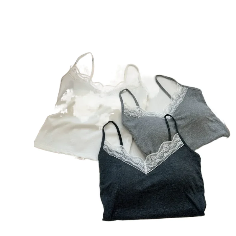 KUCLUT New Cloud-Like Feel Cotton Lace Small Strap Vest Women's Summer Breathable Thread Integrated Chest Pad Backless Design