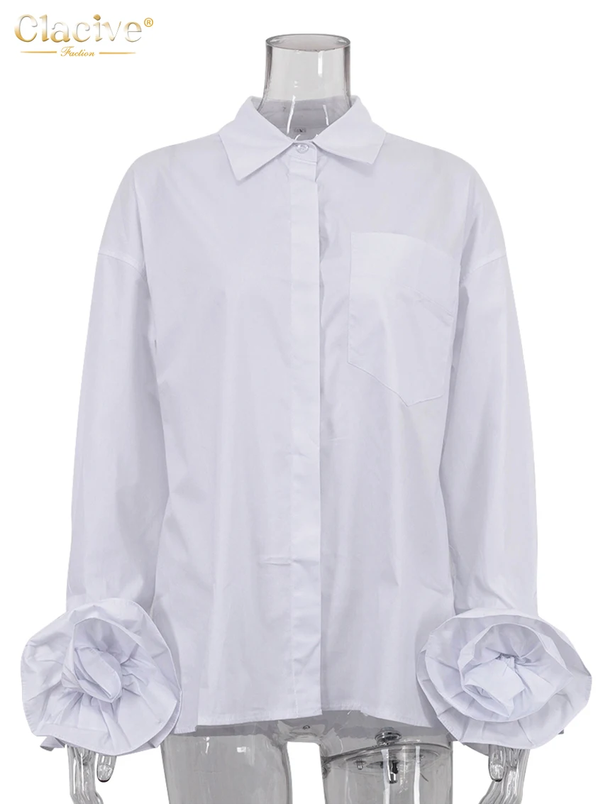 Clacive Fashion Loose White Cotton Women\'s Shirt 2025 Casual Lapel Long Sleeve Shirts Elegant Classic Solid Top Female Clothing