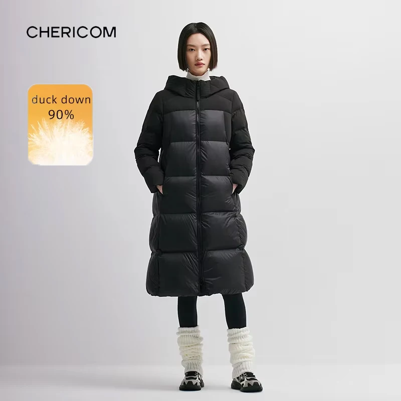 

Chericom женский пуховик с капюшоном, длинный выше колена, новинка 2025, зимнее пуховое пальто премиум-класса, тяжелые пальто на утином пуху Y298105Y