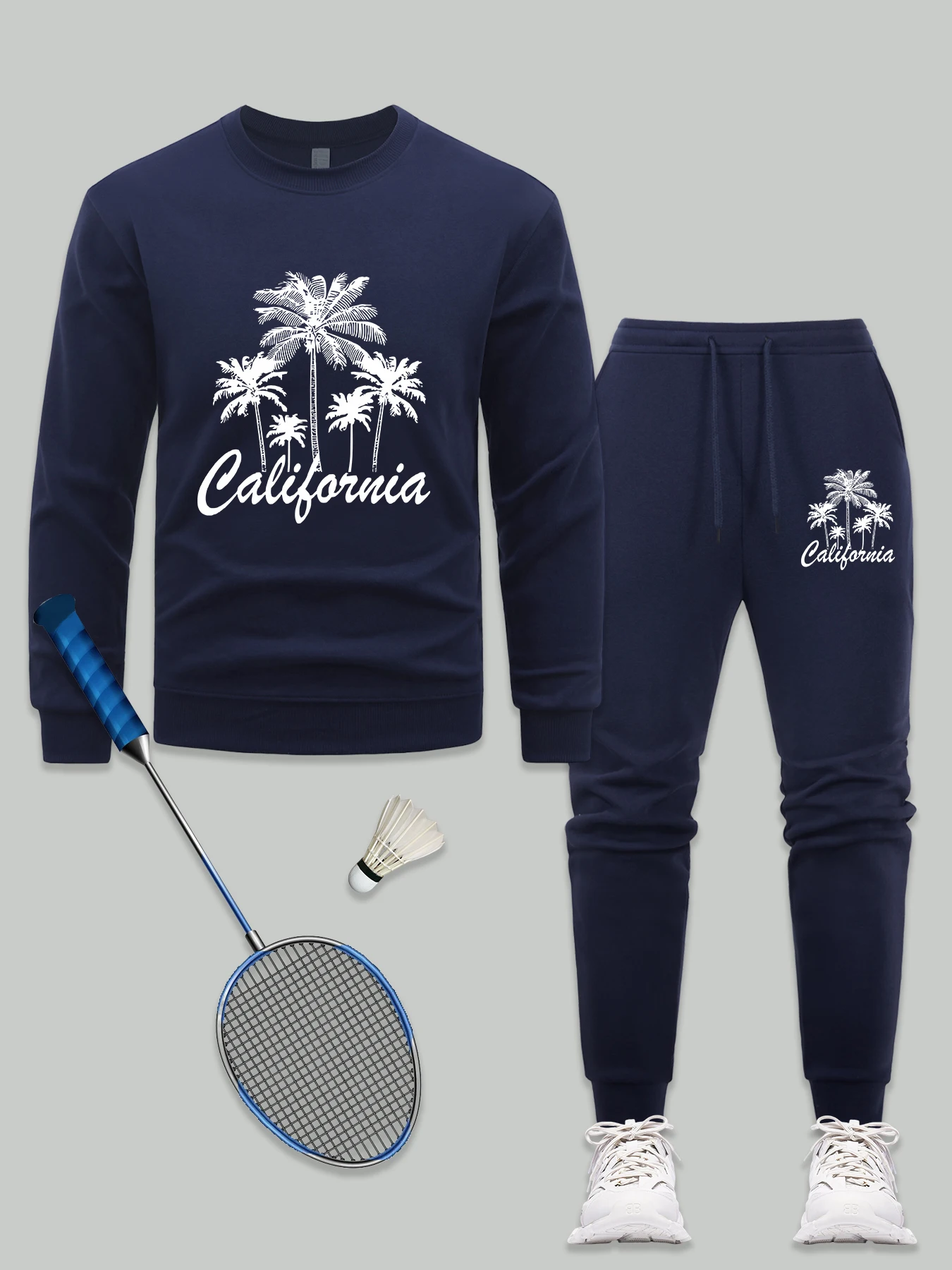 Set Kaus Pria Gambar Pohon Kelapa Di California Kerah O Kasual Pullover Dasar Musim Gugur Lengan Panjang Uniseks Pakaian Bulu Hangat