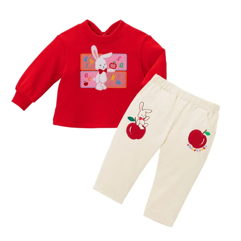 Miki Kids Pants Japanese Style Girl Cartoon Rabbit Apple Embroidered Corduroy Trousers Baby Pants