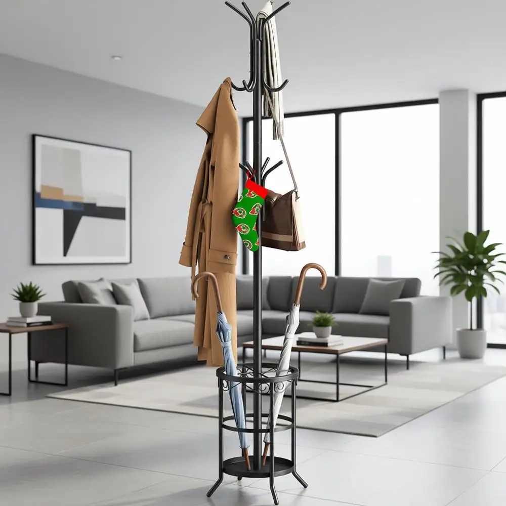 

Metal 12-Hook Coat Rack with Umbrella Stand for Entryway in Black