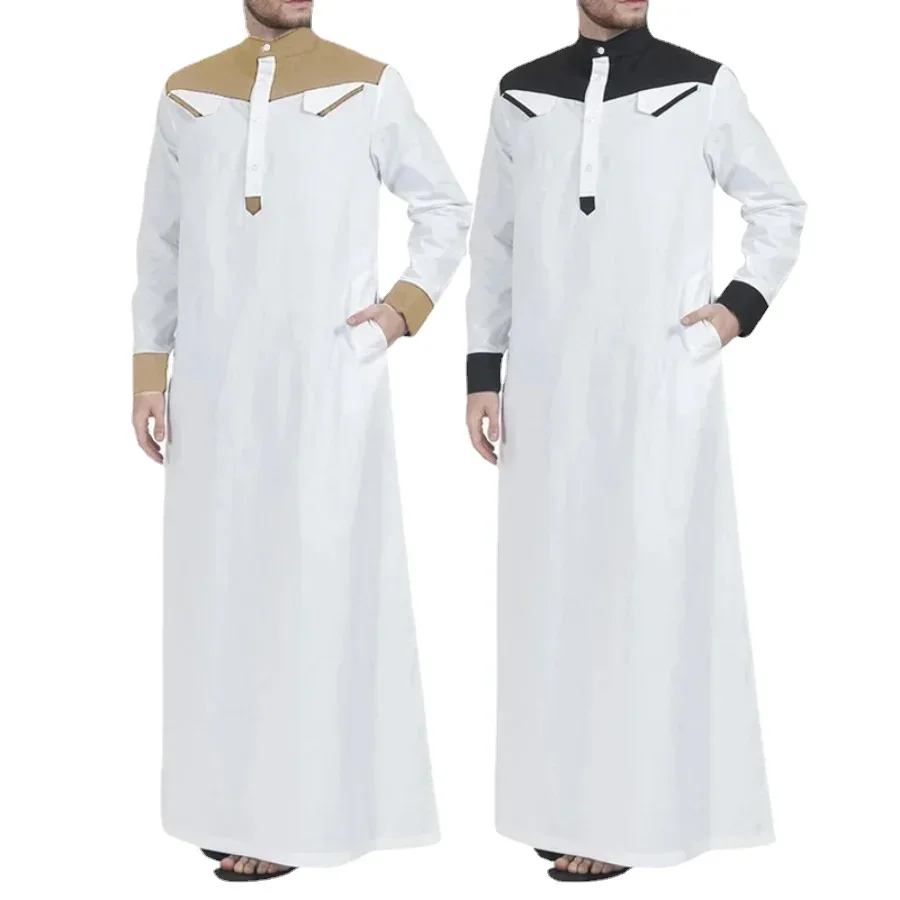 2024 muslimische Thobe Langarm Kontrast farbe Patchwork Männer Kaftan muslimische Kleidung Mandarinen hals Herren muslimische Robe für den Nahen Osten