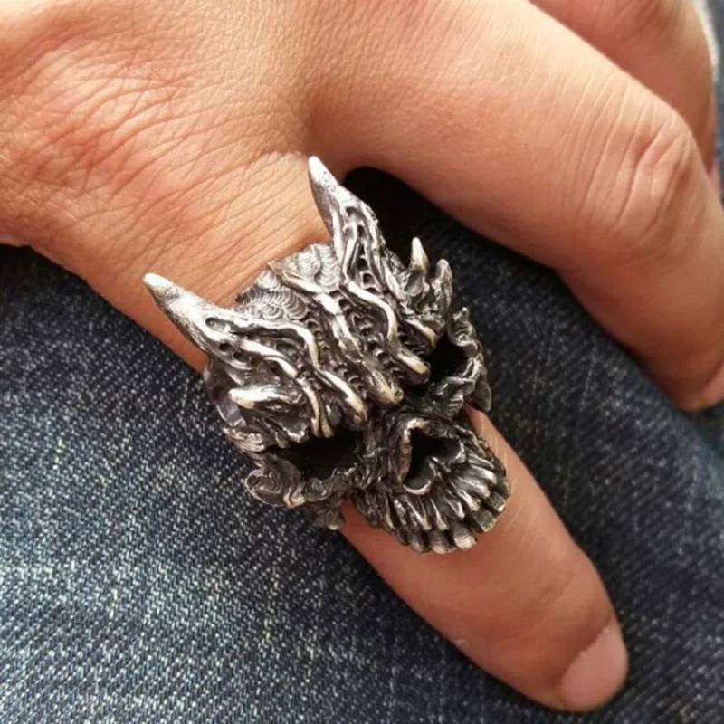 Retro Dark Rakshasa Skull Ring For Men Punk Gothic Rock Hiphop Open Ring Biker Accessories Handmade Designer Jewelry Unisex Gift