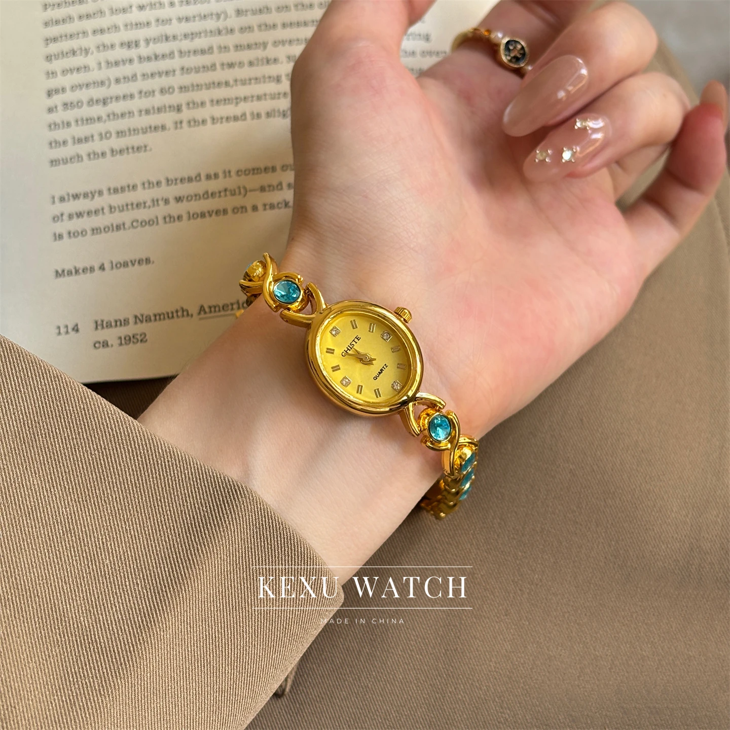 Reloj CHISTE para mujer, relojes de pulsera dorada de inspiración vintage para mujer, relojes elegantes con esfera verde/azul/blanca para mujer al por mayor