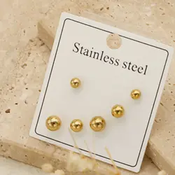 3Pairs/6pcs Golden Ball Earring Advanced Design Sense Stainless Steel Round Bead Earrings for Women Fashion Wholesale Gold Color