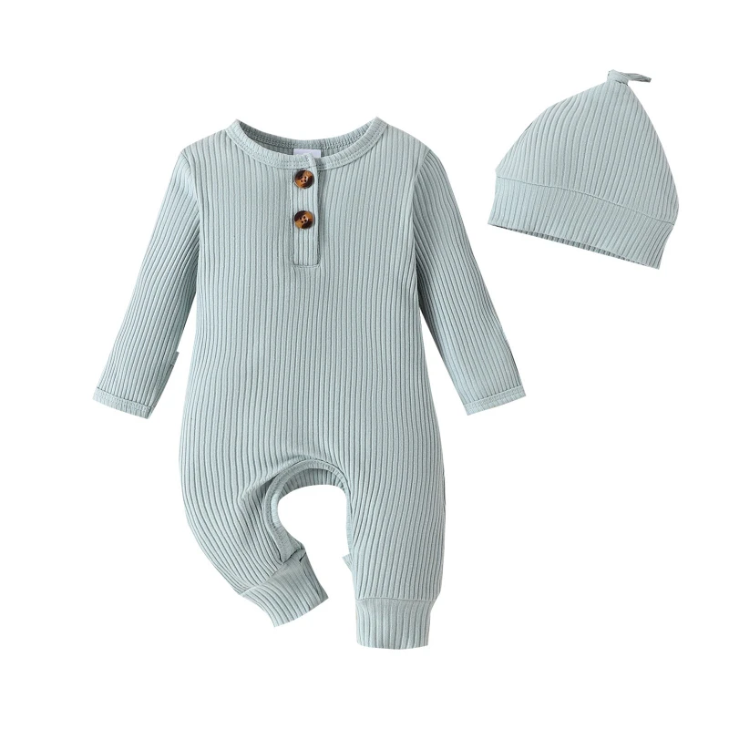

Unisex Baby Knit Romper with Hat for Spring & Autumn Infant Solid Color Ribbed Onesie Halloween Long Sleeve Bodysuit for 0-3M