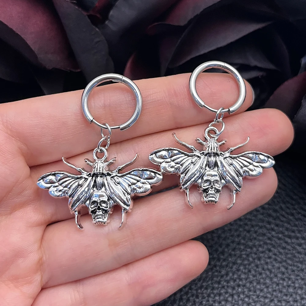 Gothic Punk Death Moth Dangle Hoop Earrings Silvery Skull Moth Filigree Moth Huggie Earrings Halloween Dark Witchy Jewelry view 4