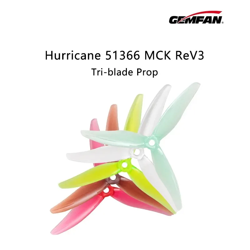 

Gemfan Hurricane 51366 MCK ReV3 5.1x3.6x3 5" 3-Blade PC Propeller for 6S FPV Freestyle Racing Drone, High Durability, 2-Pairs
