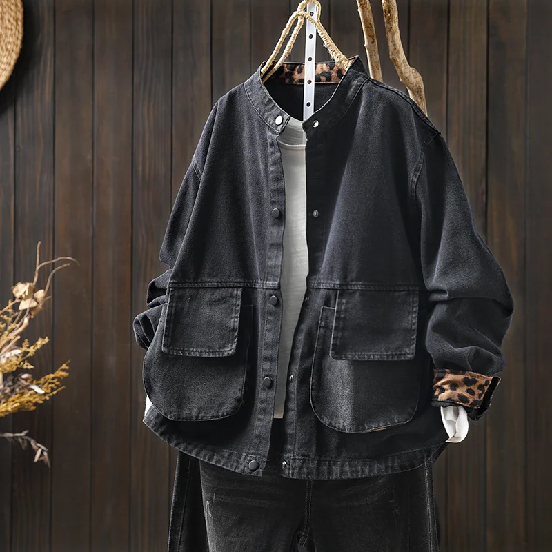Women's Fall Loose Stand Collar Denim Jacket Vintage Patchwork Snap Short Coat with Large Pockets Slim Casual Outerwear