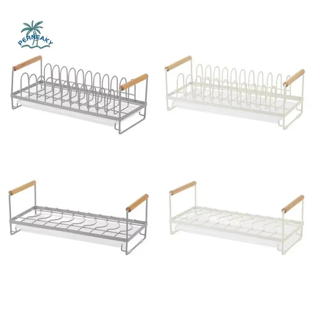 

Japanese-Style Dish Rack Iron Tableware Kitchen Storage Basket Portable Wooden Handle Simple Drain Rack