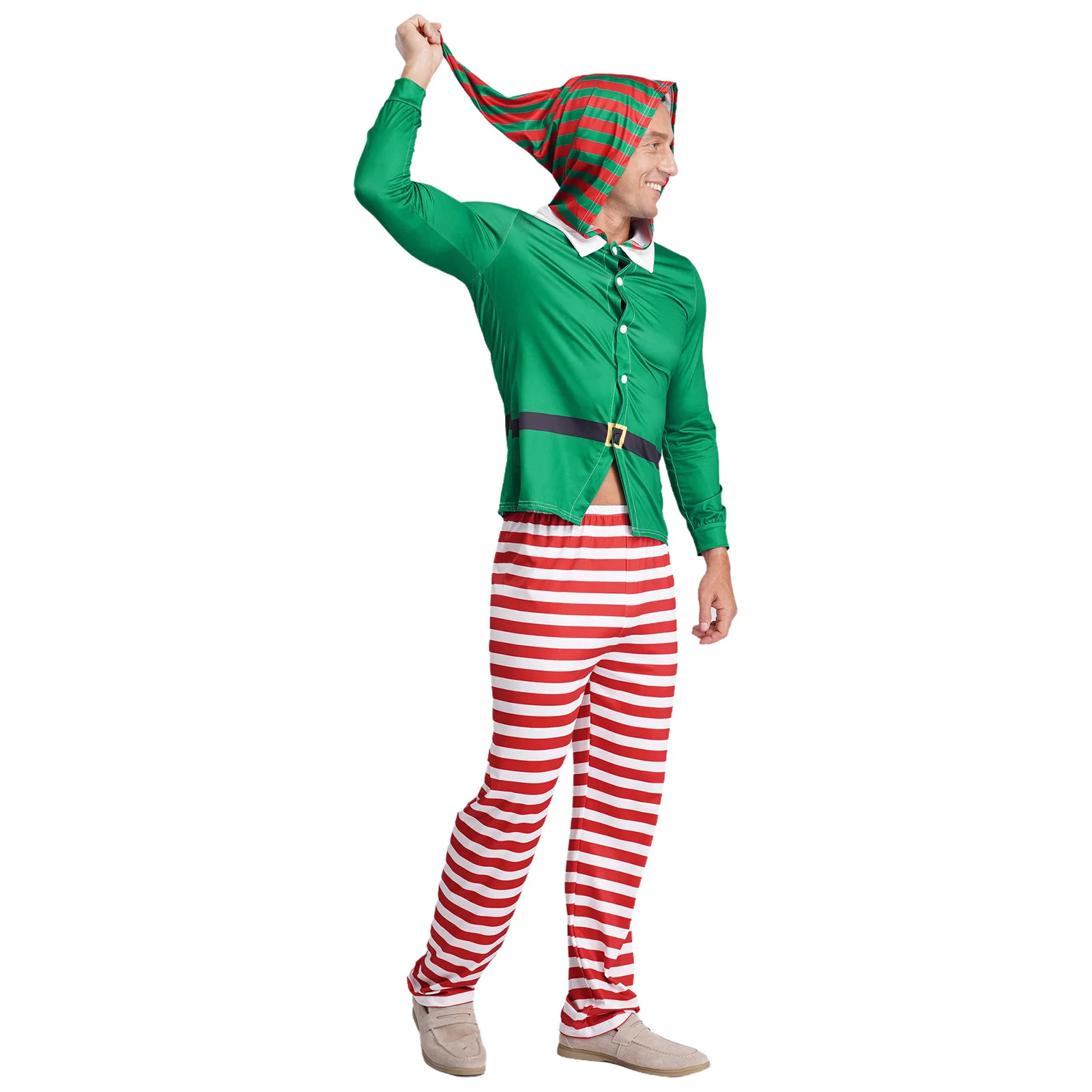 الرجال عيد الميلاد قزم تأثيري حلي عيد الميلاد عشية السنة الجديدة منامة مجموعة طويلة الأكمام مقنعين مع سروال مخطط ملابس النوم Homewear #3