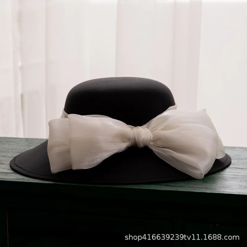 Simple retro Hepburn style bright gauze bow hat British French fashion black big brim hat