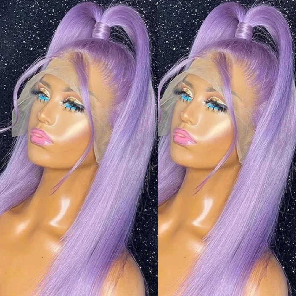 

Фиолетовый парик для женщин, длинный, прямой, светло-фиолетовый, синтетический, с кружевной передней частью, термостойкий, из волокна, для косплея и повседневной носки