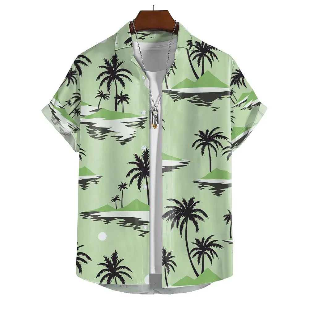 

2024 Leisure Vacation Outdoor Leisure Plant Print Hawaiian Shirt Men's Summer Beach Short Sleeve Shirt Ethnic Style Men's Button