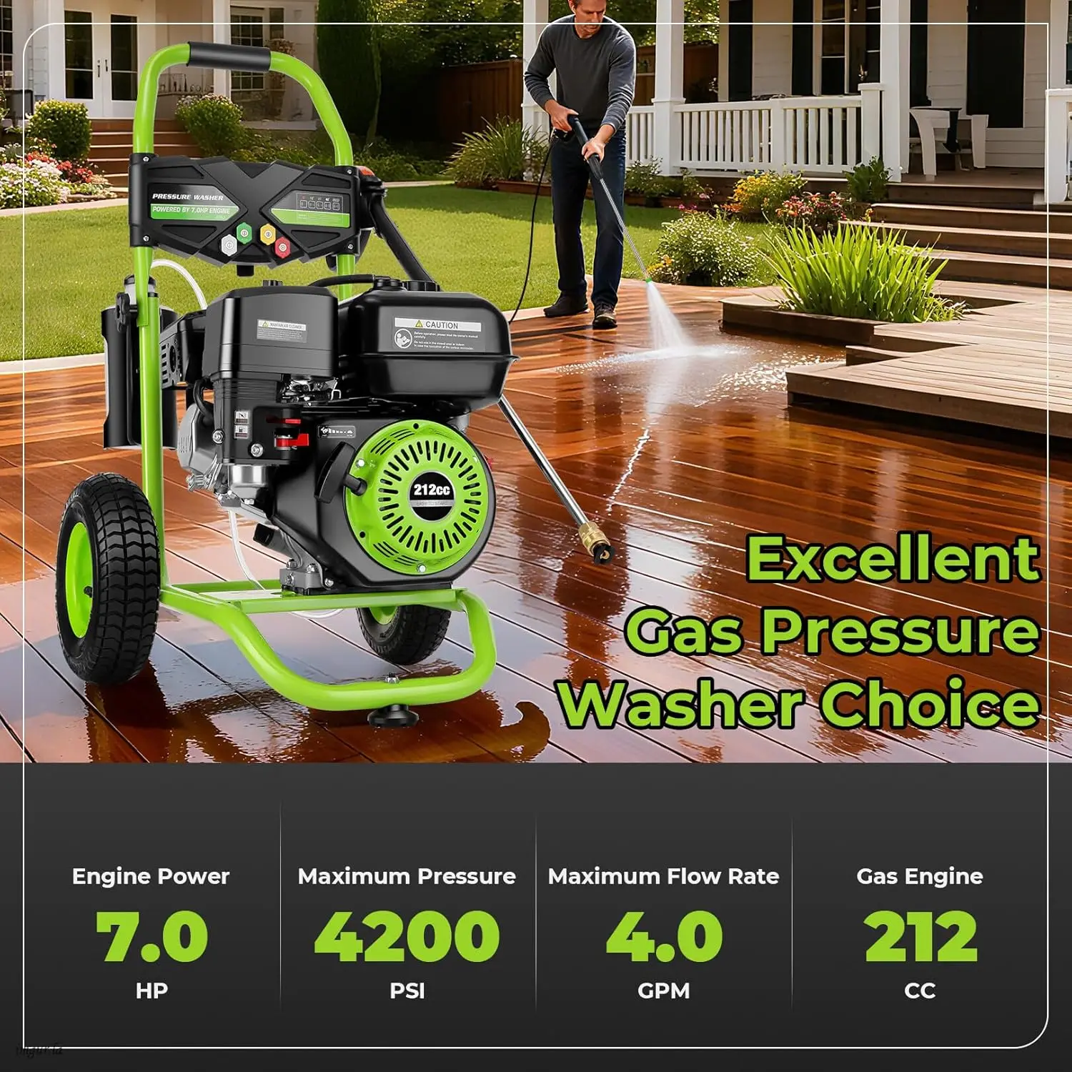 

Профессиональная газовая мойка высокого давления 4200PSI 4GPM 212CC, коммерческая мойка 7.0HP с бутылкой для пены 1л, колесами 9 дюймов, 5 насадками, 2 шт.