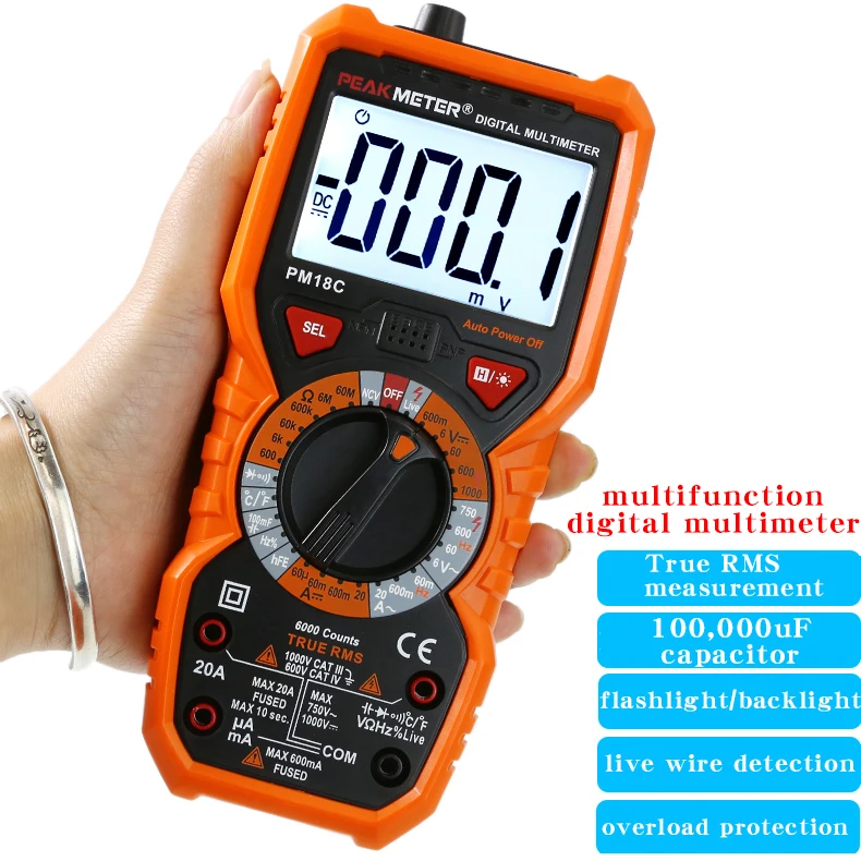 PEAKMETER PM18C multimetro di protezione da sovraccarico, multimetro con Display digitale ad alta precisione per elettricisti e tensione domestica