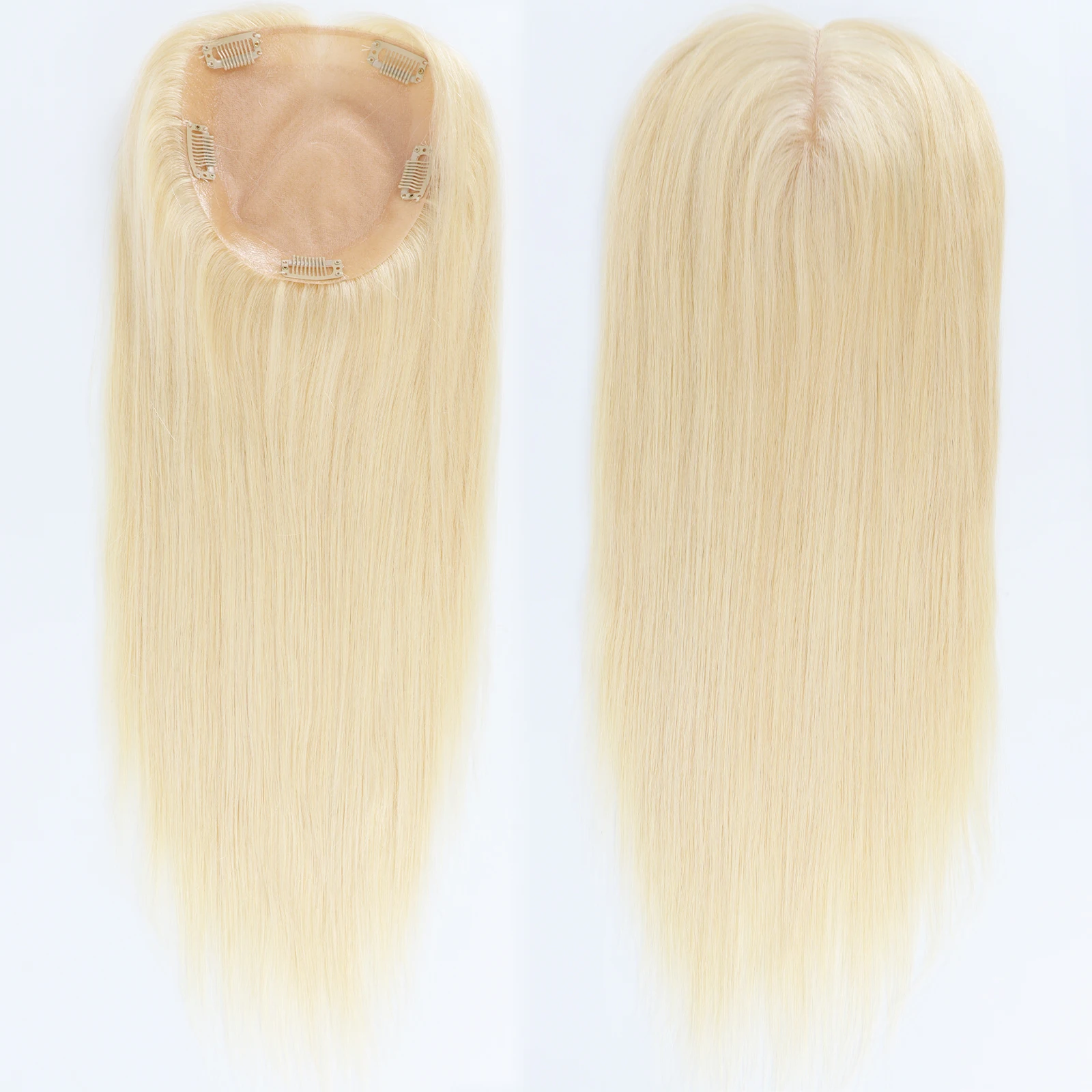 

#613 Light Blonde Real Virgin European Human Hair Wig with Clips in 15x16cm Silk Skin Top Cover for Women Natural Scalp Looking